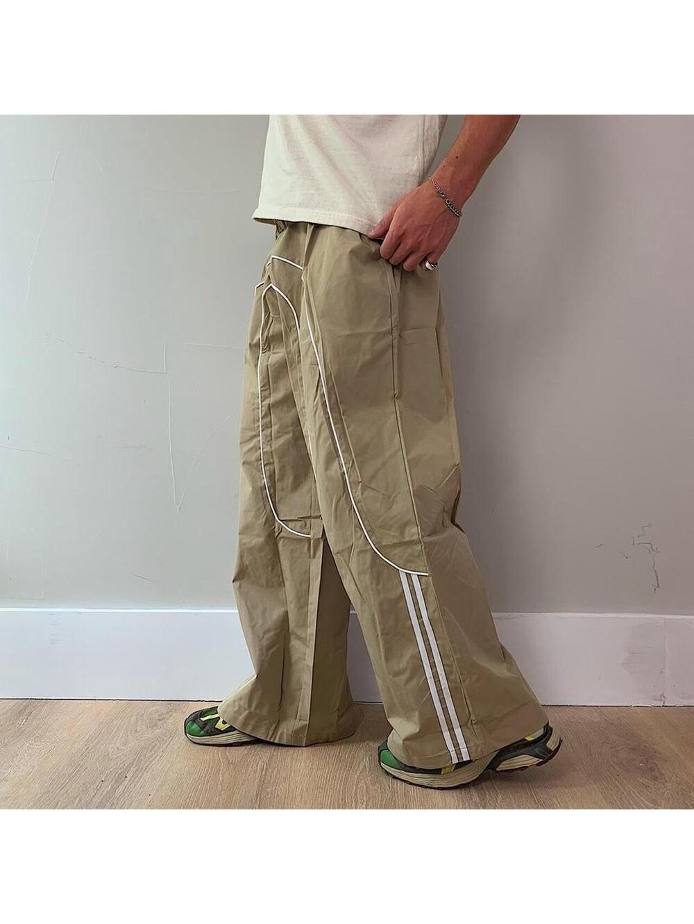 Streetwear super Baggy Y2K vintage style khaki track pants with white stripes - Picture 2 of 8